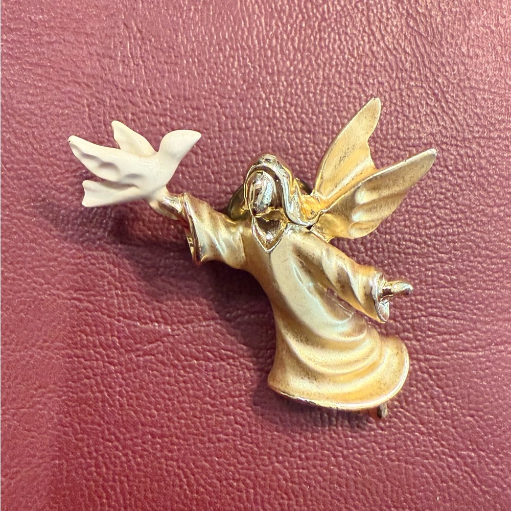 Elegant Vintage Gold and Cream Angel Lapel Pin Brooch Signed